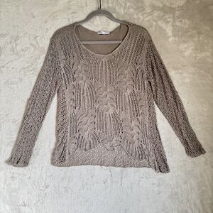 Boho Crochet Open Knit Long Sleeve Top Taupe Womens Large Tempo Paris Italy Leaf